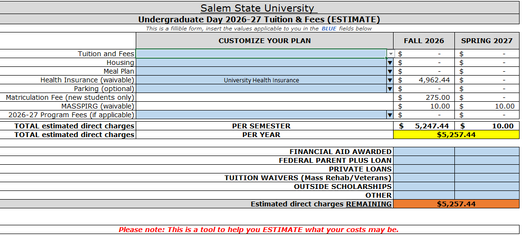 a screenshot of our interactive worksheet to help estimate costs to attend Salem State University