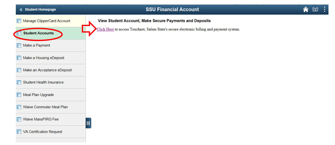 Student Account tab to Touchnet