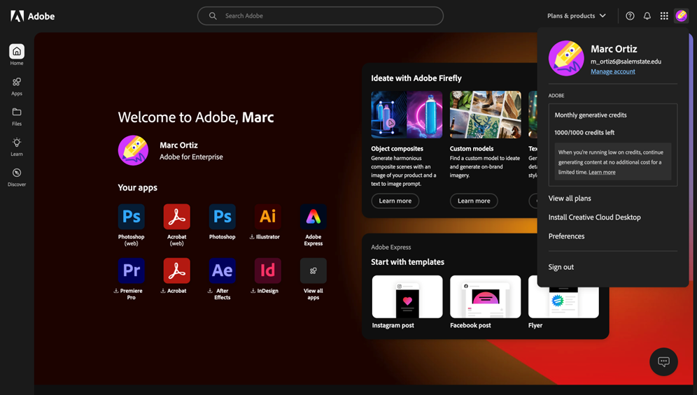 Welcome to Adobe page showing profile drop down.