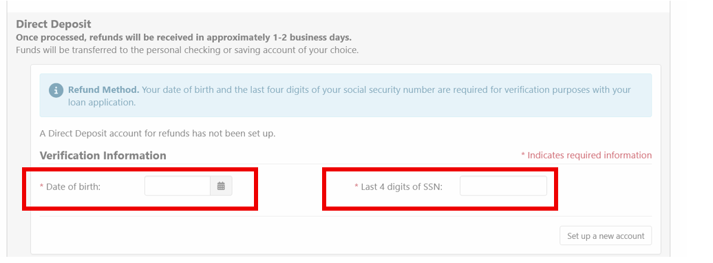Direct Deposit Screen DOB and Last 4 SSN