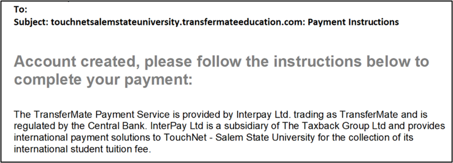 Example of email sent from TransferMate