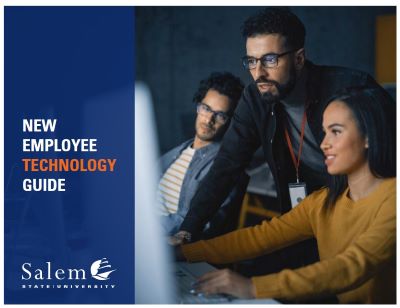 New Employee Technology guide cover page with three  people seated at a computer 