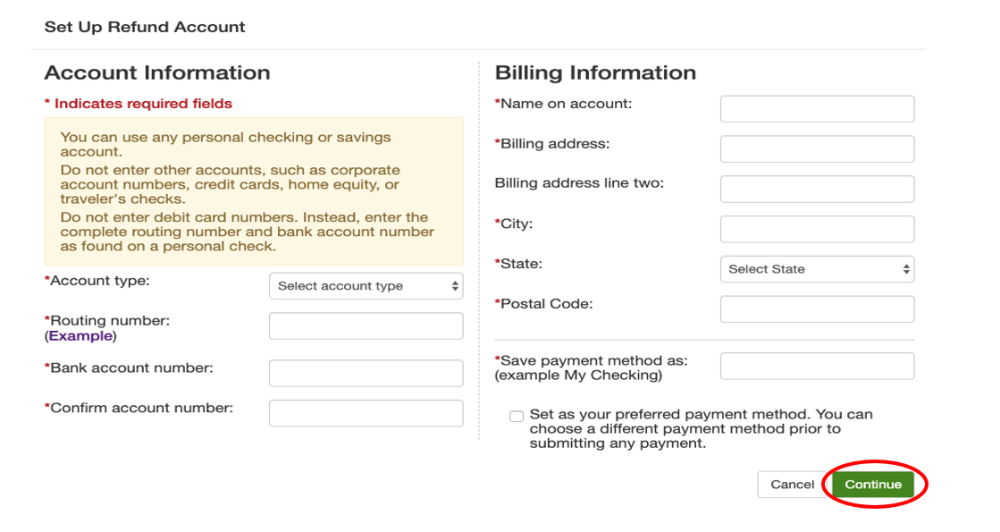 TouchNet Adding banking info screen 