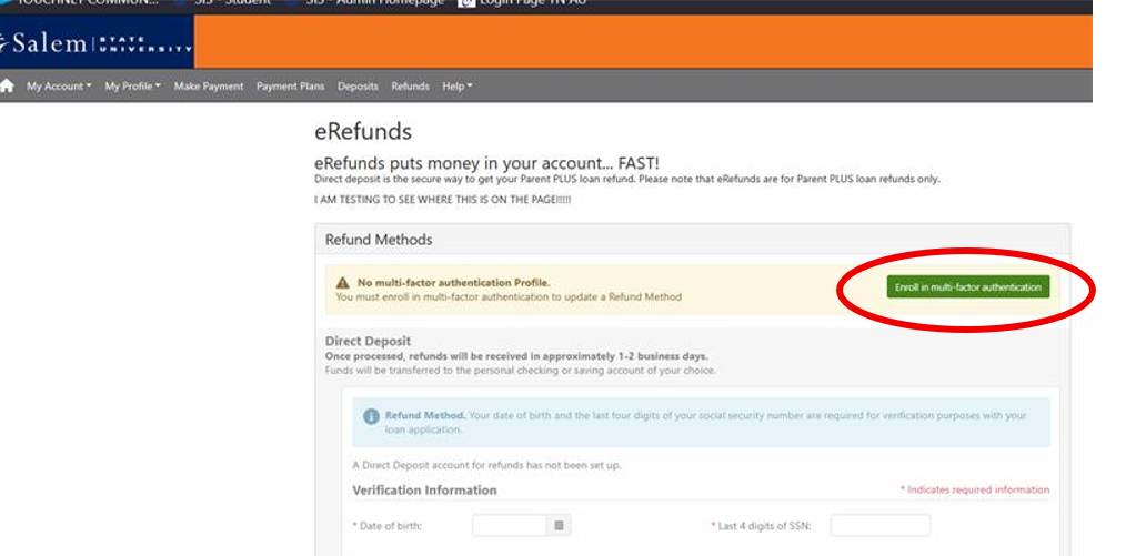 TouchNet MFA enrollment button