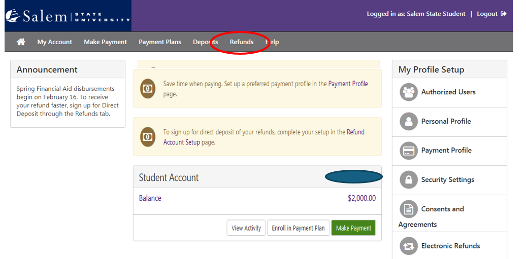 TouchNet home screen Circling refund to click on in toolbar