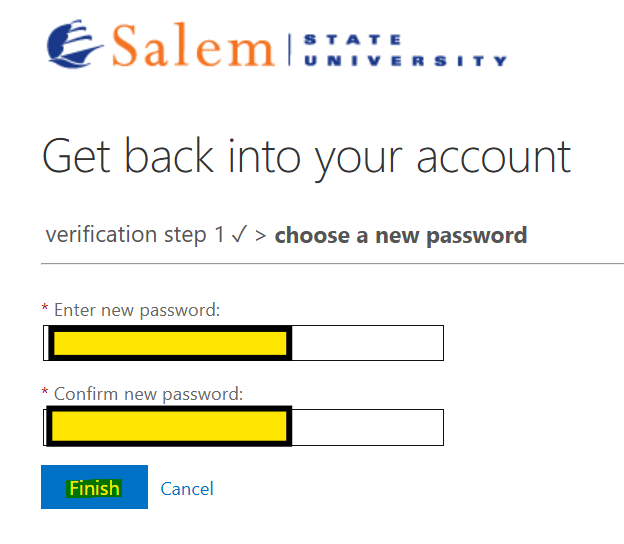 Enter new password and confirm password boxes