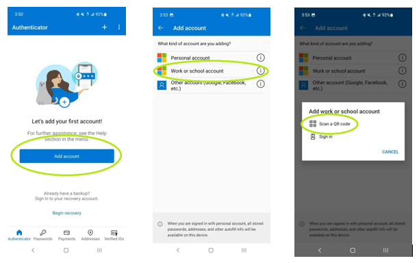 select add account, work or school account, scan a qr code