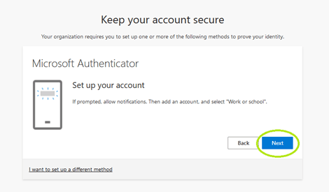 set up your account, select next