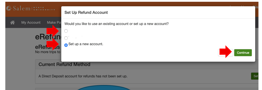 TouchNet option for new or existing set up for direct deposit 